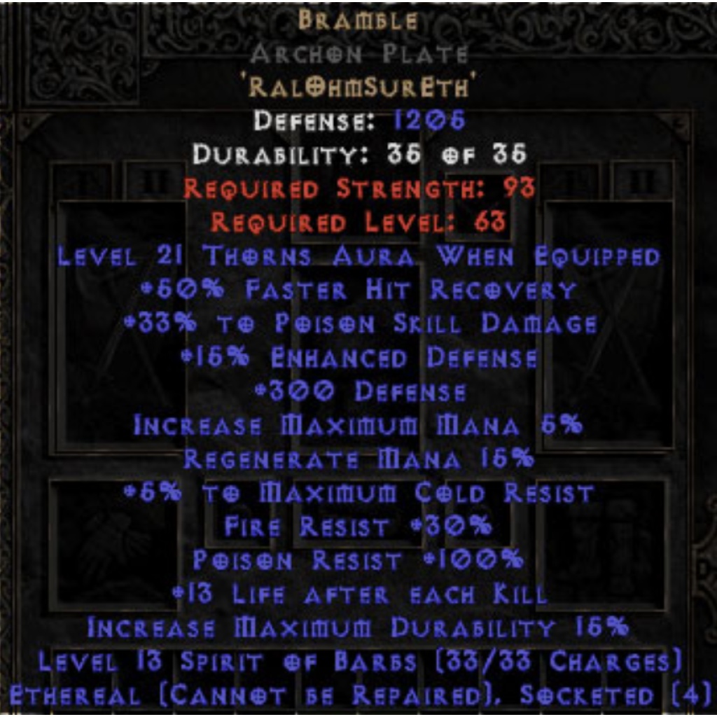 Bramble Sacred Armor - Ethereal - 21 Thorns - Buy D2r Items - D2r Items 