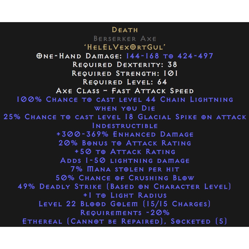 Death Berserker Axe - Ethereal - 300-369% ED - Diablo 2 store