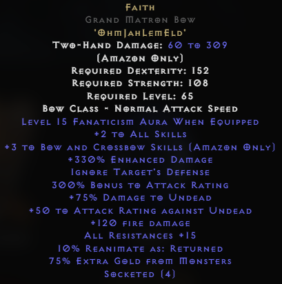 Faith Grand Matron Bow +3 Bow Skills – +2 Skills - 15 Aura